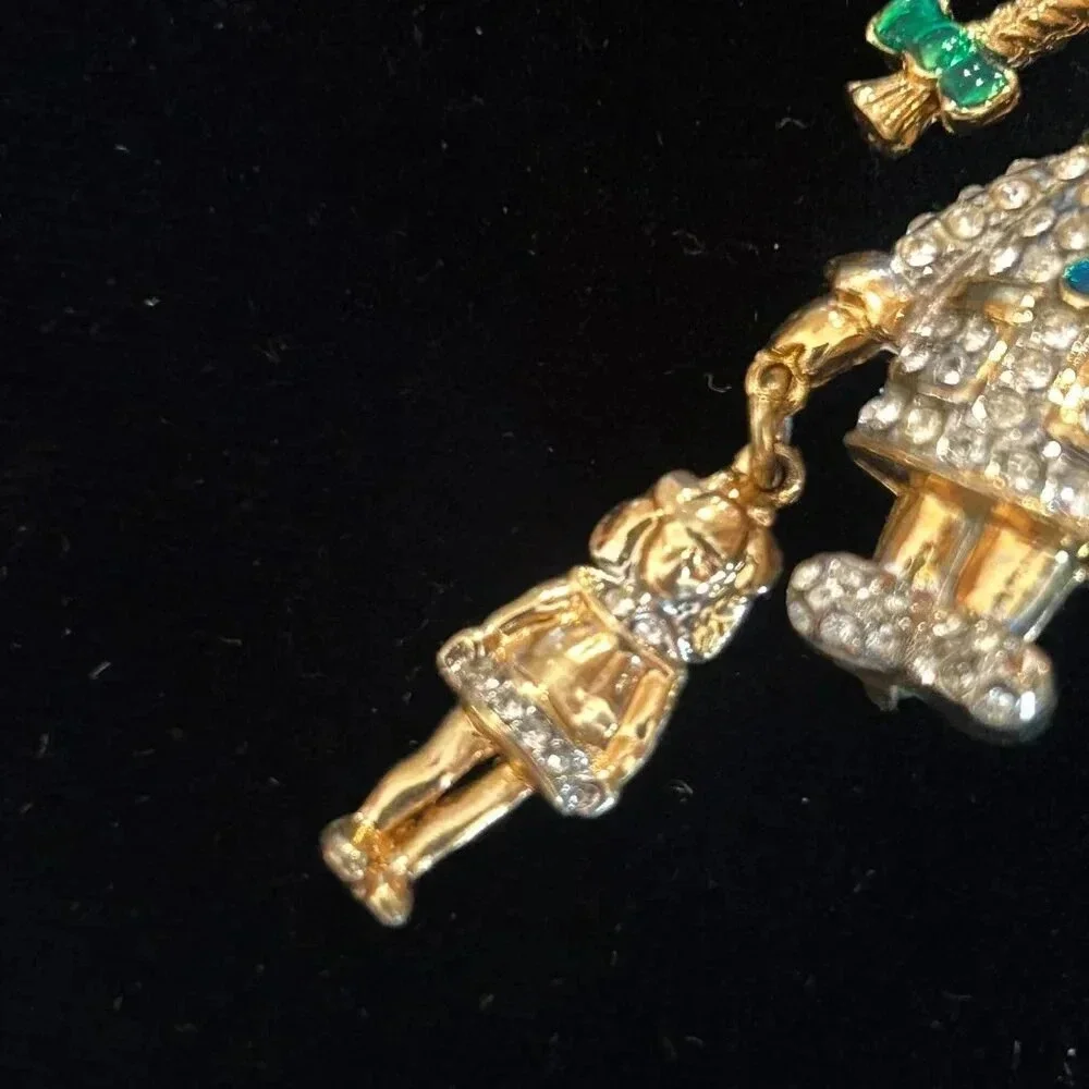 Vintage Gold Rhinestone Enamel Faux Pearl Girl with Doll Brooch Pin